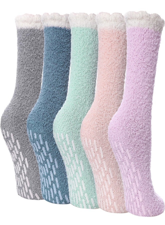 LINEMIN Non Slip Hospital Socks with Grips for Women Cozy Winter Soft Fluffy Grip Slipper Socks (5 Pairs Mix Patchwork) - Image 1